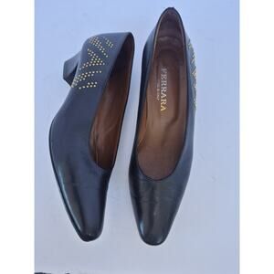 Ferragamo Black Leather Low Heel Pumps 7.5 AAA Studded Designer Italy Classic